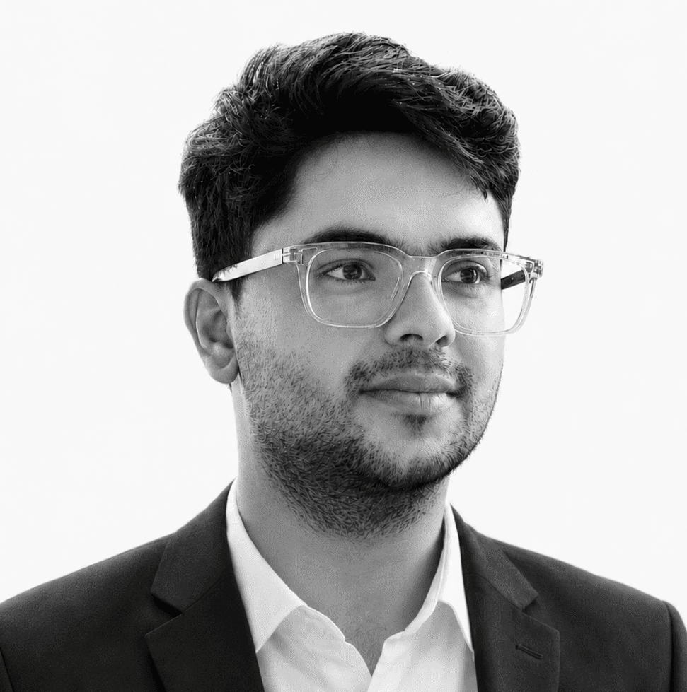 Bibek in a black-and-white portrait