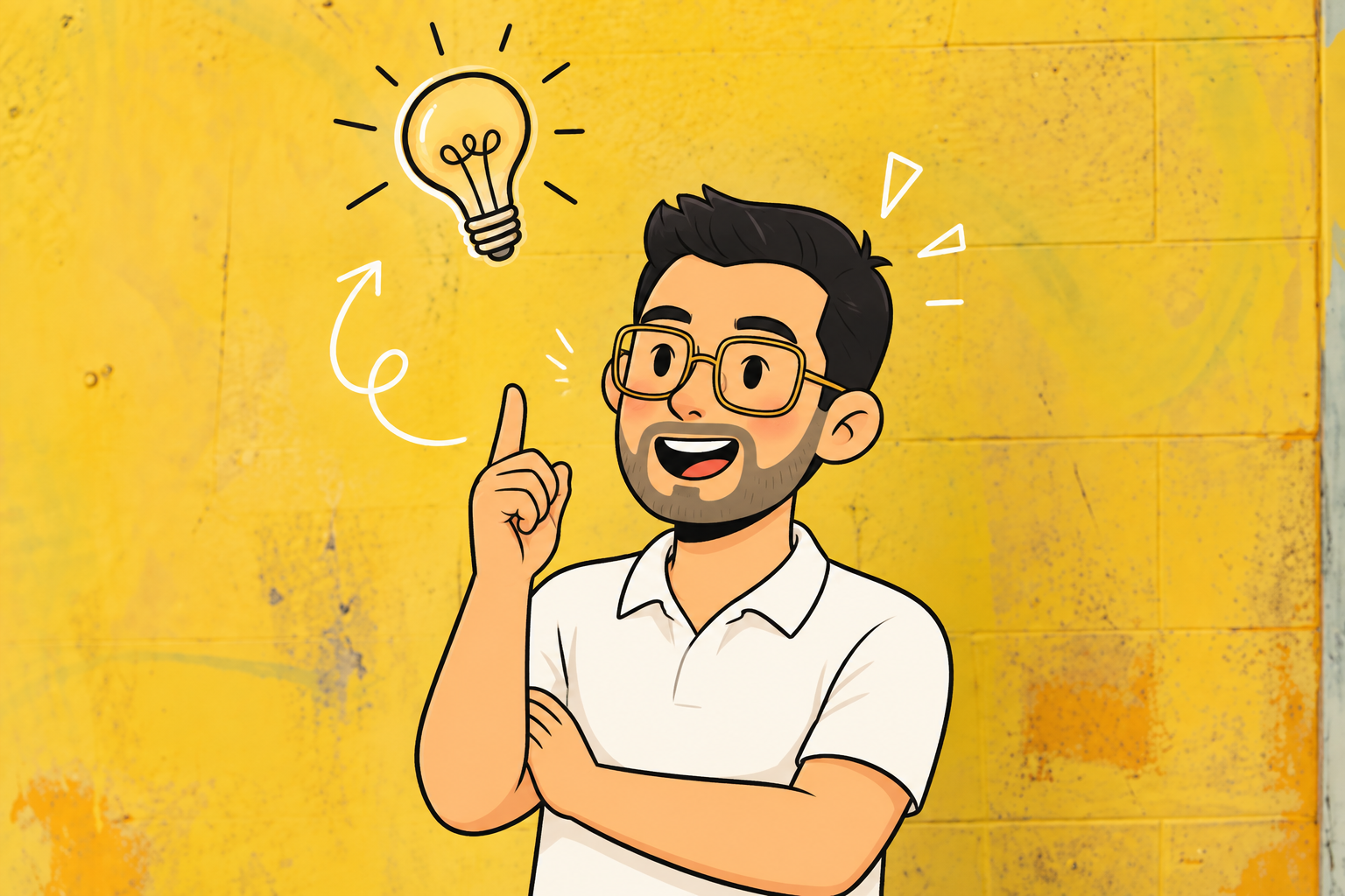 Illustrated portrait of Bibek thinking beside a lightbulb