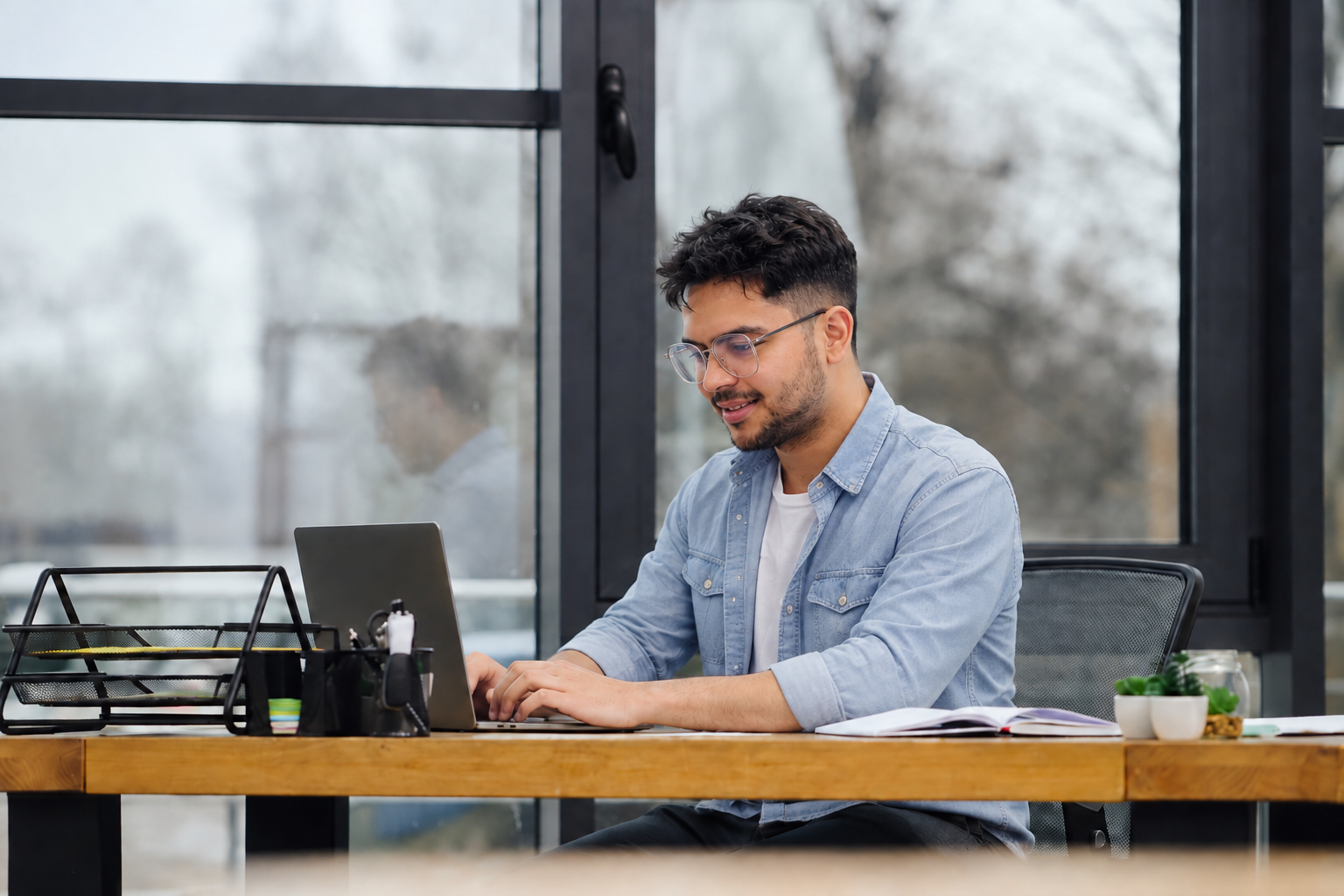 Bibek working at a laptop by a window