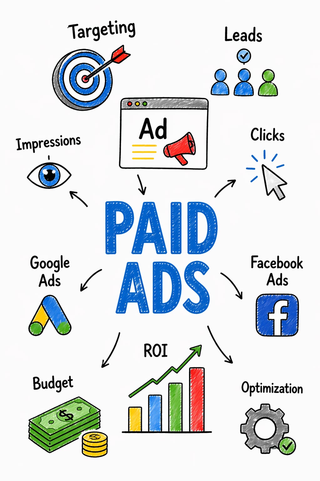 Hand-drawn paid ads diagram showing targeting, leads, clicks, ROI, and optimization